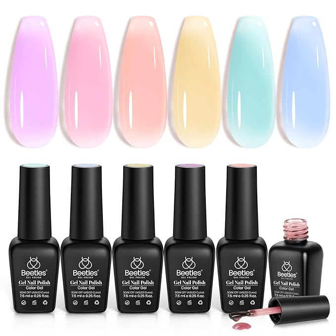 Beetles Pastel Gel Nail Polish Set - 6 Colors Spring Jelly Gel Polish Kit Pink Blue Purple Orange Yellow Green Sheer Translucent Effect Soak Off UV Macaron Dream Nail Art DIY Gift for Women
