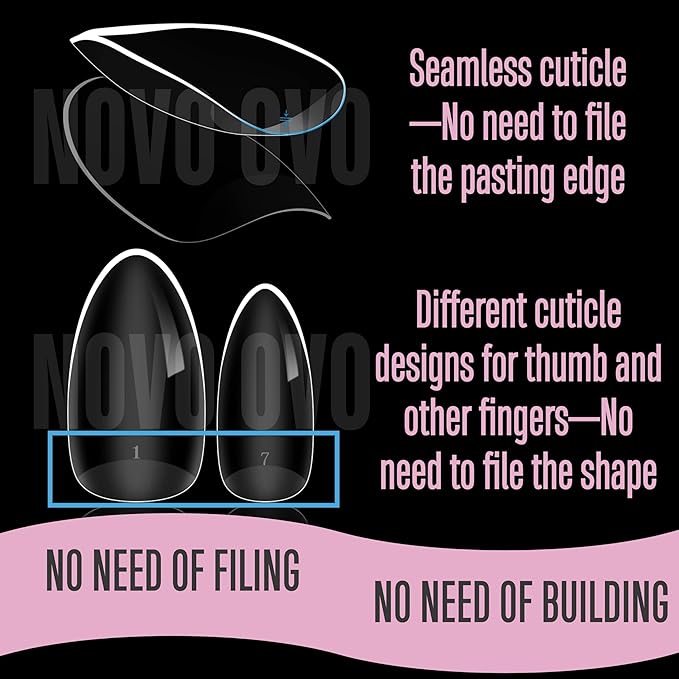 NOVO OVO Medium Almond Nail Tips Extra Thick Press on No C Curve, Soft Gel Natural Fake Nail Extension, Full Cover Clear False Nails for Acrylic, French Manicure Salon DIY x 14 Sizes 224 pcs