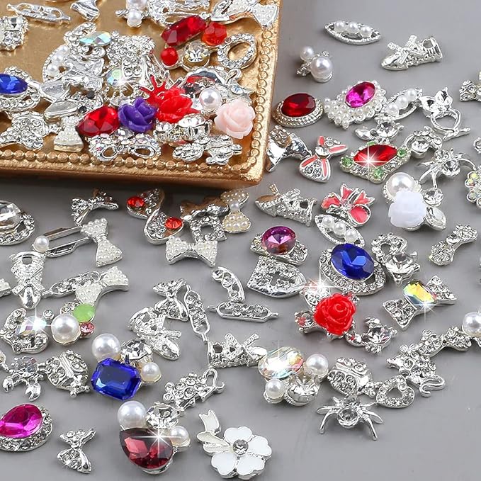 50pcs 3D Nail Charms for Acrylic Nails, Mix Styles Silver Rhinestones for Nails Metal Nail Jewels for Nail Art Charms for Nails Design Alloy Zircon Nail Rhinestones Pearl Nail Gems Women Nail Supplies