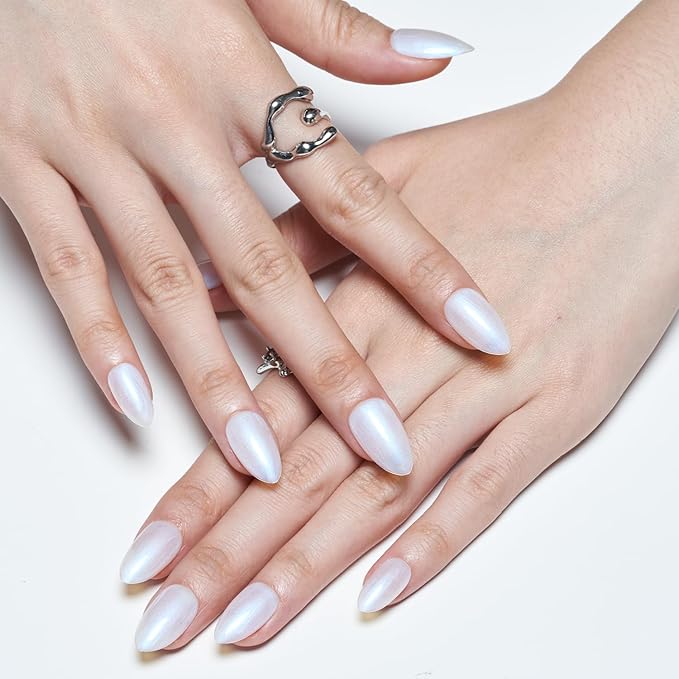 GLAMERMAID Pure White Pearl Press On Nails Short Almond, Glazed Donut Handmade Soft Jelly Gel Fake Nails, Glossy Neutral Round Oval Stick Glue on Nails Kit for Women, Reusable Acrylic False Nail Set