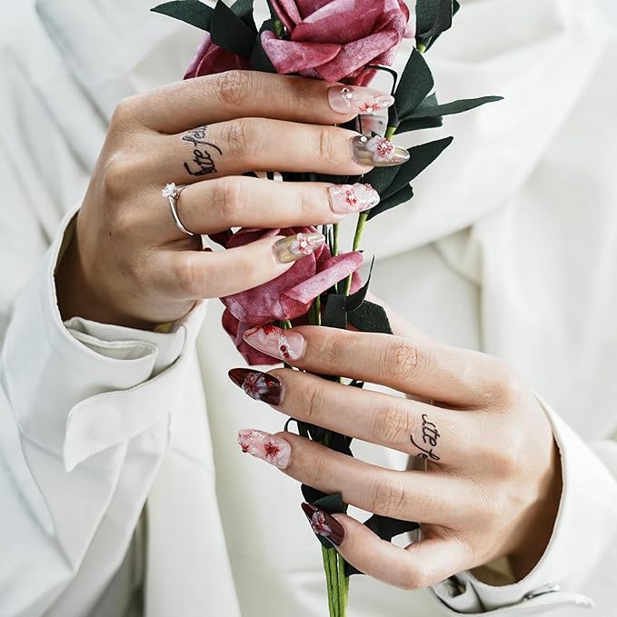 Handmade Floral Press on Nails - Medium Almond 3D Embossed Rhinestones & Red Ombre, Thick Acrylic Gel Nails for Parties, Valentine's Day (Evil Flower,S)
