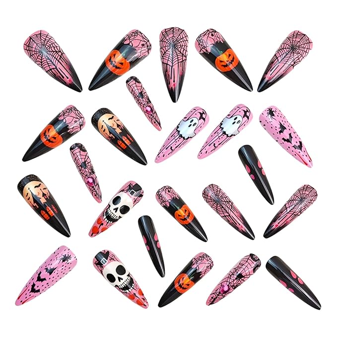 Stiletto Press on Nails Long,Halloween Fake Nails with Ghost & Skull Designs,Halloween Spider Web Pumpkin Bat Stick on Nails Pink Acrylic Nail for Women Girls Halloween Nail Art Decor 24Pcs