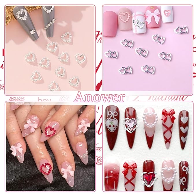 Valentine's Day Nail Charms，Pink Colors Red Bows Hollow Rhinestones for Acrylic Nails , 3D Dangle Heart Nails Charm, Bowknot Heart Silver Y2K Jewelry Charms for Nail Art DIY