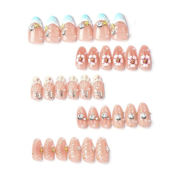 Press on Nails Medium Almond Fake Nails 3D French Artificial Nail Flowers and Pearl Charm Stick on Nail for Women 24pcs