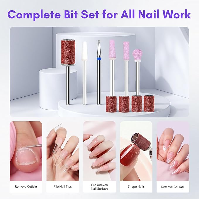 Makartt Professional Nail Drill - 35000RPM Electric Nail File with 60W Coreless Motor, 2 in 1 Desktop & Portable Rechargeable E File with Drill Bits and LCD Display, Nouvella Purple