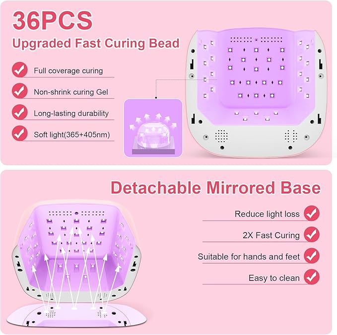Cordless UV LED Nail Lamp, 80W Rechargeable Nail Dryer with 4 Timers, Atmosphere Light & Mirror Base, UV Light for All Gel Nails, Ideal for Training,Nail Art Practice,Home & Salon Use (Pink)