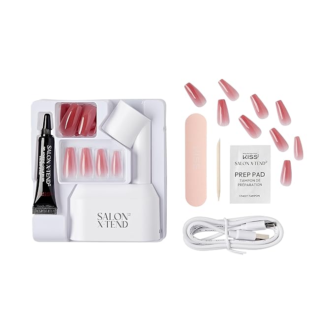 KISS Salon X-tend, Press-On Nails, Nail glue included, Tone', Medium Pink, Long Size, Coffin Shape, Includes 30 Nails, 5Ml Led Soft Gel Adhesive, 1 Led Lamp, 1 Prep Pad, 1 Manicure Stick, 1 Mini File