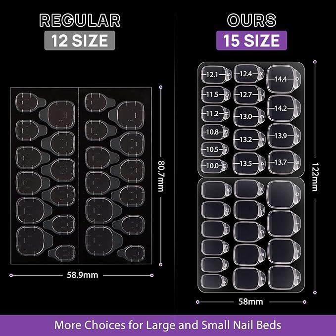 BTArtbox 10 Sheets 15 Sizes Ultra Thin & Waterproof Nail Stickers for Fake Nails, 300PCS Double Sided Jelly Nail Sticky Tabs for Manicure