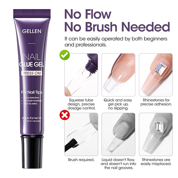 Gellen Semi Solid U V Nail Glue Gel for X Nail Tips, 4 in 1 Super Sticking for Press on Nail, Multifunctional Rhinestone Glue for Nails