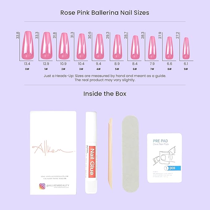 Allkem Press On Nails - Rose Pink Glossy Extra Long Ballerina 2 Set Bundle | 10 sizes - 20 pcs False Nails Full Cover Nail Kit with Glue