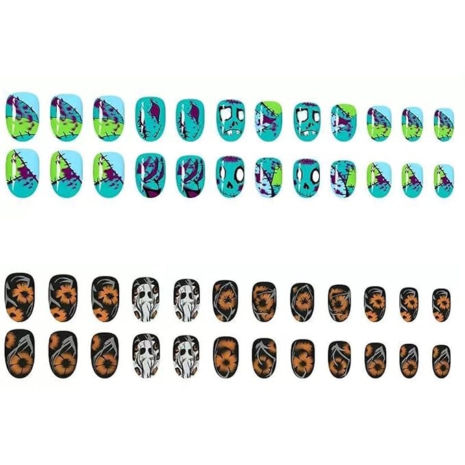 2 Packs 48Pcs Halloween Press on Nails Short Almond Fake Nails Cute Ghost Acrylic Nails with Horror Yellow Flowers Designs Oval Glue on Nails for Women Manicure Decoration