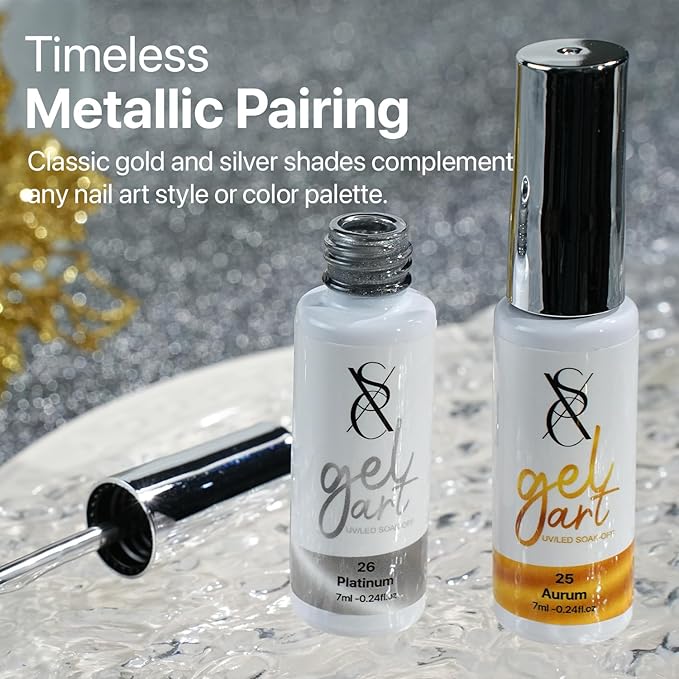 SXC Cosmetics Gel Liner Nail Art Set – Gold & Silver 2pcs Gel Liner Nail Art Chrome 3D High-Gloss Effect for Nail Paint Design with Thin Brush DIY French Manicure Curing Requires