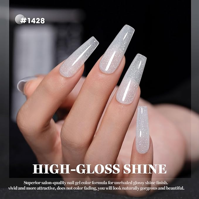 RARJSM Milky White Reflective Glitter Gel Nail Polish Sheer Flash Diamond Jelly White Sparkle Silver Shimmer Gel Polish Soak off Curing Requires 15ml Single Bottle for Home Salon