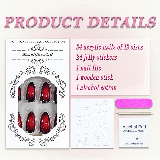 Wine Red Press on Nails Medium Almond MABKJLF Fake Nails Black & Red False Nails with Gradient Designs Solid Colour Glossy Glue on Nail Full Cover Acrylic Nails for Women Girls 24Pcs