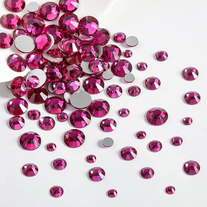 Beadsland Rhinestones for Makeup,8 Sizes 2500pcs Glass Flatback Rhinestones Eye Gems for Nails Crafts with Tweezers and Wax Pencil,Fuchsia,SS4-SS30