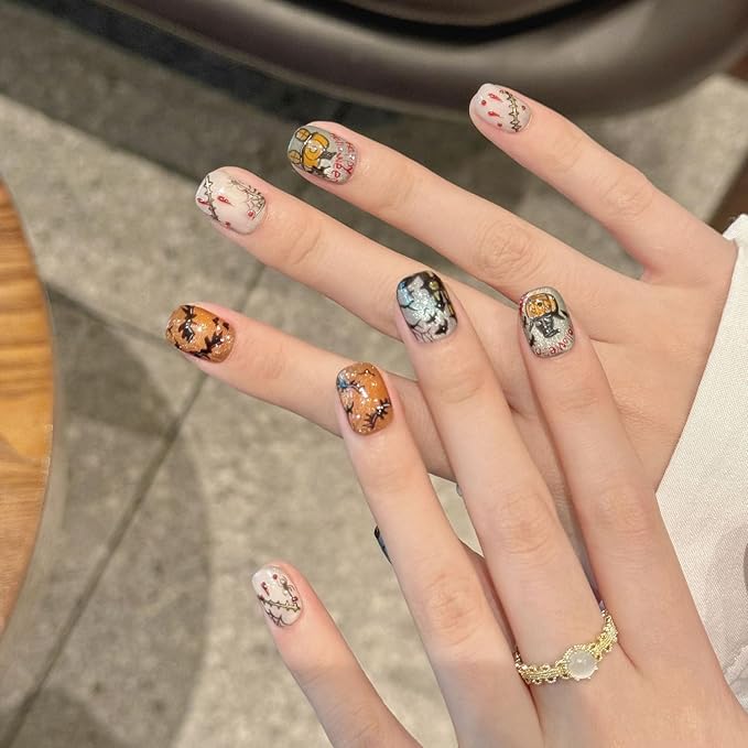 Luxury Halloween Press on Nails Short Square Handmade 3D Unique Reusable ABS Material Fake Nails Cute False Nails with Designs Pumpkin Spider Web Glossy Glue on Nail Thick Acrylic Nail(S)