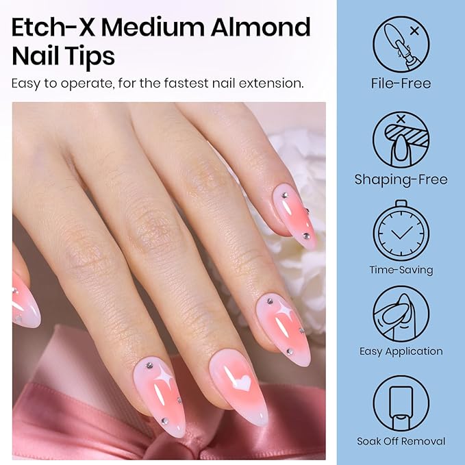Beetles Gel Nail Tips Etch-X - Almond Medium, 576pcs 12 Sizes, Pre-Etched Half Matte Full Cover Soft Acrylic False Nail Tips Clear Press on Easy DIY Extension Salon Gift for Women