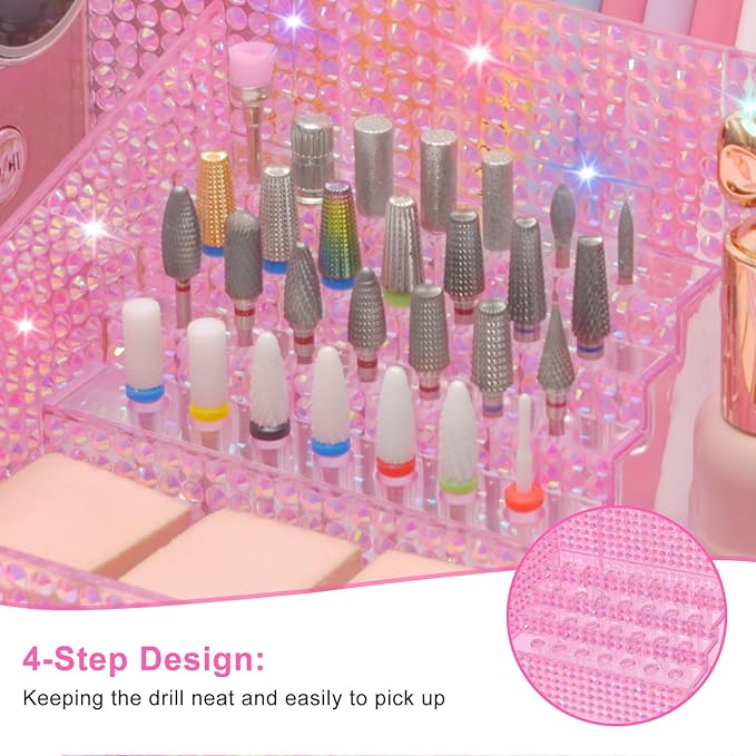 ANRUI Nail Drill Bit Holder, 28 Holes Plastic Nail Drill Machine & Bits Storage Case, Professional Nail Desk Organizer for Manicure Tools Gift for Women and Girls- Diamond Pink
