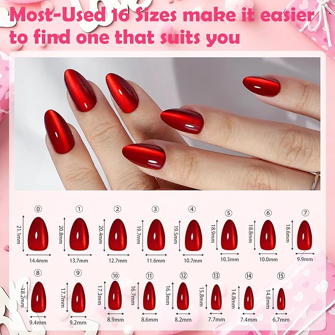 160Pcs Cat Eye Press on Nails Short Almond, 5 Colors Red Pink Magnetic Fake Nails, Salon Quality Soft Gel Glue on Nails with 16 Sizes, Shimmer Velvet Full Cover False Nails Kit for Women