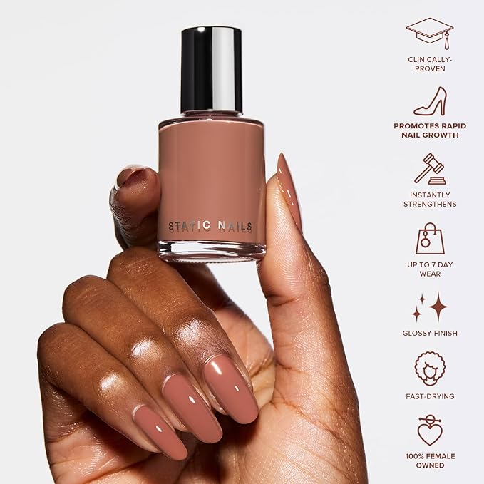 Static Nails 5-in-1 Rapid Growth Treatment Polish, Clinically Proven Hardener & Strengthener, Built-in Top & Base Coat, Quick Dry Formula, Repairs & Lengthens – Teddy (Warm Milky Brown) 0.4 Fl Oz