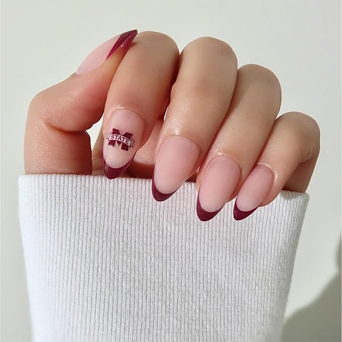 Glamnetic x Fanatics Press On Nails - Mississippi State Bulldogs | Short Almond Fake Nails, Collegiate Bulldogs Maroon French Tips, College Nails, Salon-Quality | 15 Sizes - 30 Nail Kit with Glue