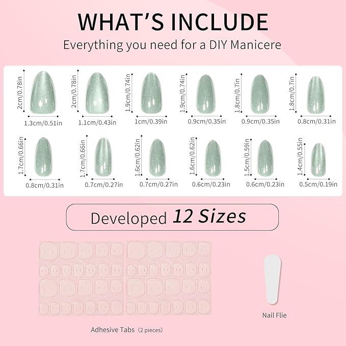 Green Almond Cat Eyes Press On Nails,12 Sizes - 24 Pcs Soft Gel Green Medium Fake Nails Kit with Nail Glue, Natural Reusable Stick On False Nails for Women and Girls SK1026