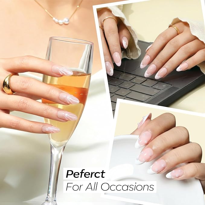 Modelones French Tip Press on Nails Almond, Short Almond Fake Nails, Semi-Transparent Soft Nail Kit with Nail Glue Adhesive Tabs Nail File, Spring Nails Press Ons 30Pcs 15 Sizes, Pearl