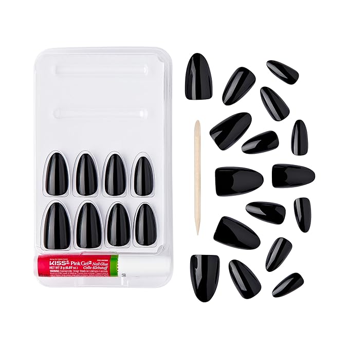 GoldFinger False Nails Kit, Black Fake Nails, Ready to Wear Gel & Manicure Stick included, Medium Almond Shape, Long-Lasting Hottest Trend Glue on Nails, Convenient & Easy to Apply (Pitch Black)