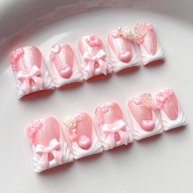 French Tip Press on Nails Handmade Short Duck 3D Floral Thick Acrylic Nails Cute False Nails with Bow Rose Flower Designs White Glossy Fake Nail Sturdy Art Press on Nail 10Pcs(M)