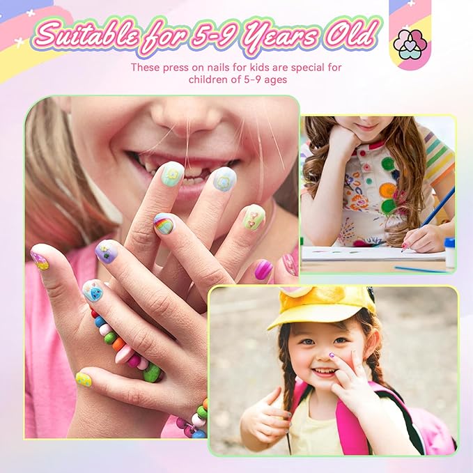 SAVILAND 3D Press on Nails for Kids: 7 Pack Kid Press on Nails for 5-9 Years Pre Glue Full Cover Short Kids Fake Nails Stick On Children Artificial False Nail Tips Fingernails Christmas Gifts for Kid