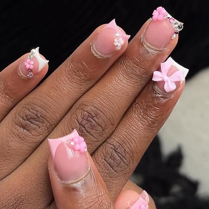 French Tip Press on Nails Short Square MABKJLF White&Pink Flower Fake Nails Bow False Nails with Pearls Rhinestones Designs Glossy Glue on Nails Acrylic Nails for Women Girls 24Pcs