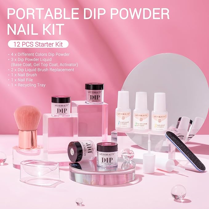AZUREBEAUTY Dip Powder Nail Kit Starter, 4 Colors Glitter Soft Pink French Nail Art, with Base Coat, Top Coat and Activator Liquid, Suitable for All Seasons, Ideal for DIY Manicure and Salon Use
