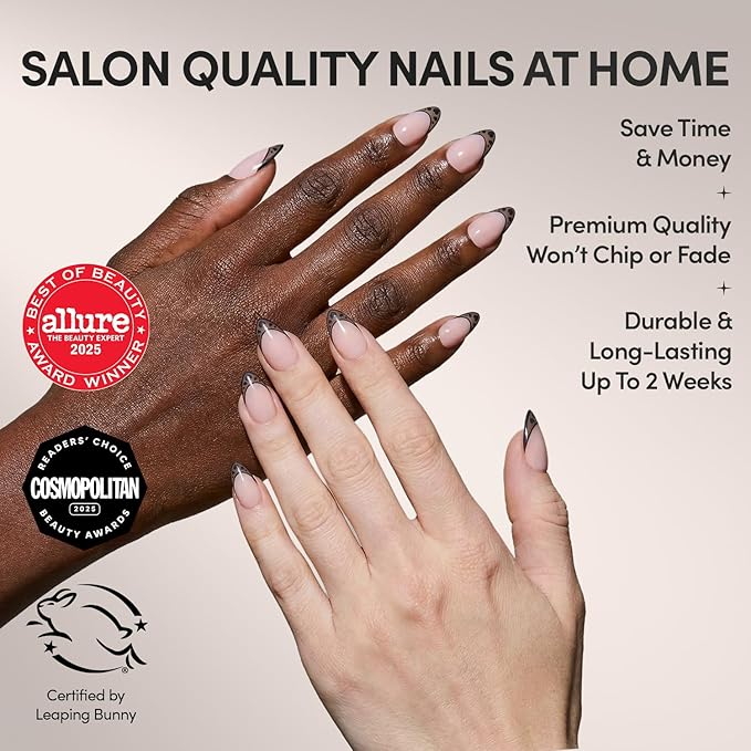 Valentines Day Glamnetic Press On Nails - Love Noir | Short Almond Fake Nails in Semi-Transparent Black French Tips with Opaque Outline and Heart Details | 15 Sizes - 30 Nail Kit with Glue