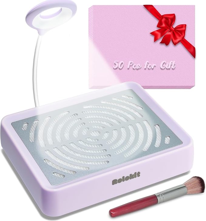 Nail Dust Collector with Lamp&50pcs Disposable Filter&Dusting Brush, Electric Nail Vacuum Cleaner Dust Fan Suction Machine for Manicure Acrylic Gel Nails Polishing, Low Noise, Salon Home (Purple)