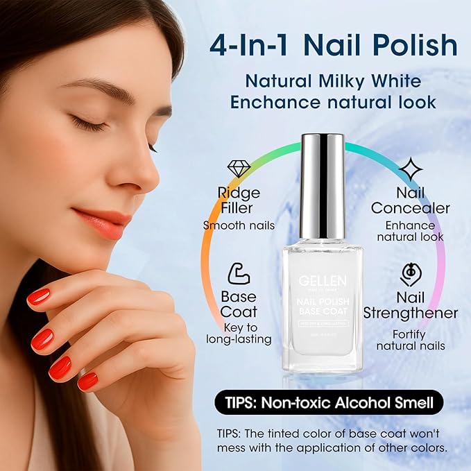 GELLEN Clear Nail Polish Base Coat Sheer Milky White, Calcium-Formula Regular Nail Polish Strengthens Nails, Enhances Nails Natural Look, Quick Air Dry, TPO & Hema Free, Non-toxic