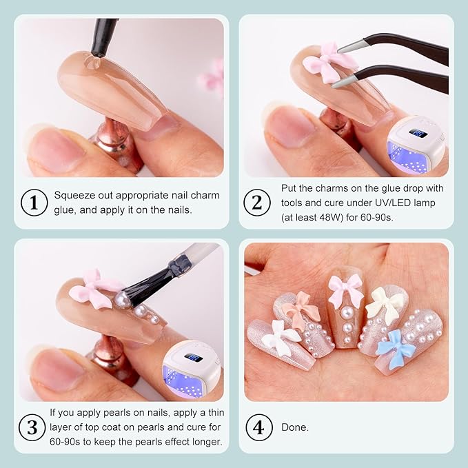 600 Pcs 3D Nail Charms and Flatback Pearls Set 11, 8 Colors Shiny Nail Bows Charm + Pink&White Star Heart Moon Nail Jewels + 2-4mm White Nail Pearls for Nail Art DIY Decoration with Pickup Tools