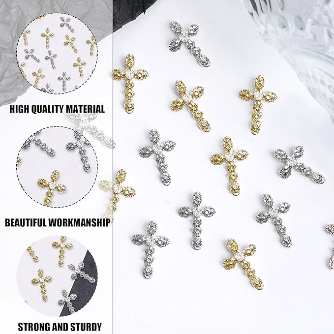 3D Cross Nail Charms, 40 Pcs Gold Silver Crystal Cross Nail Decorations for Nail Art, Metal Nail Rhinestones Cross Charms for DIY Design and Jewelry Making (Gold + Silver)
