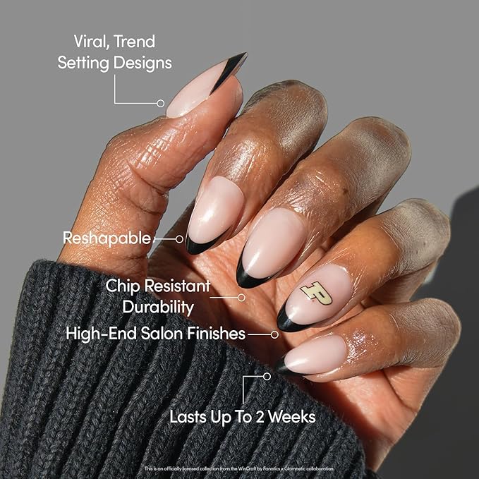 Glamnetic x Fanatics Press On Nails - Purdue Boilermakers | Short Almond Fake Nails, Collegiate Boilermakers Black French Tips, College Nails, Salon-Quality | 15 Sizes - 30 Nail Kit with Glue