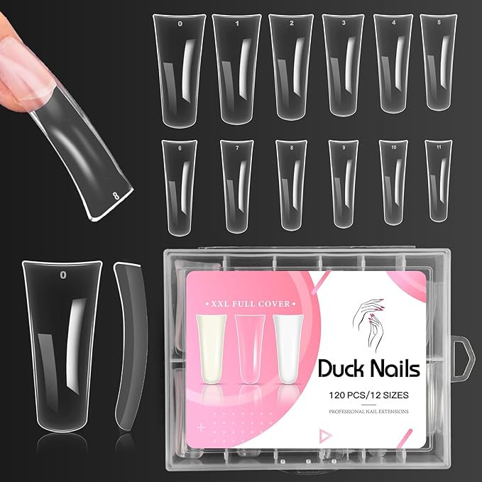 Ranrose Duck Nail Tips - 120pcs Extra Long Duck Feet Style Full Cover False Nail 12 sizes XXL Clear Press on Nail for Acrylic Nails Professional Y2K Nail Salon