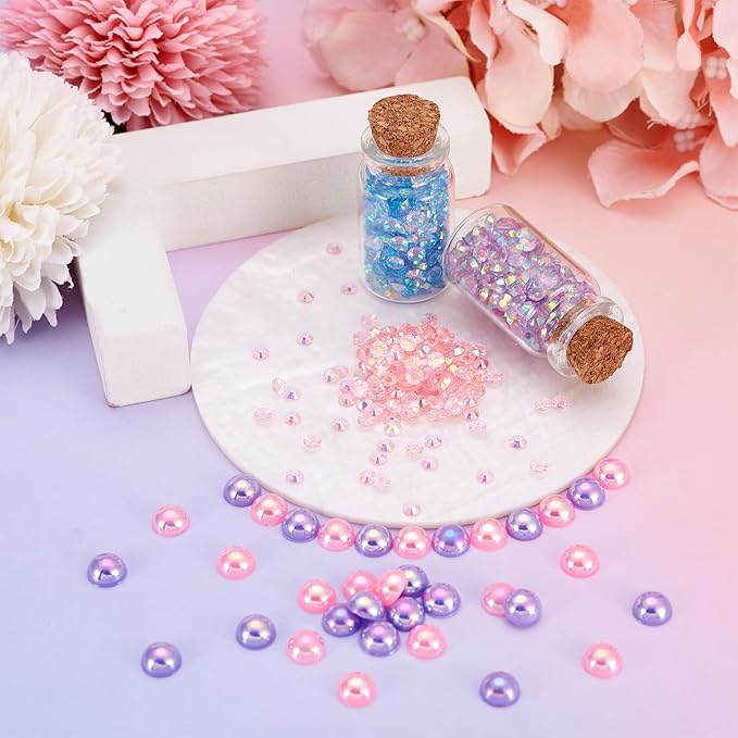 Flatback Resin Pearls Rhinestones Mermaid Nail Gems AB Color Faux Pearl Beads Rhinestone Cabochons Iridescent Nail Tooth Face Gems for Nail Art Jewels Makeup Decoration