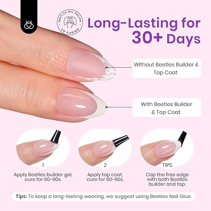 Beetles French Tip Press On Nails 224 Pcs Short Almond Pink Press On Nails 4 in 1 Gel Nail Tips Pre-Applied Primer and Base Coat, No File Need DIY Manicure Easy False Nail Tips for Nail Extension