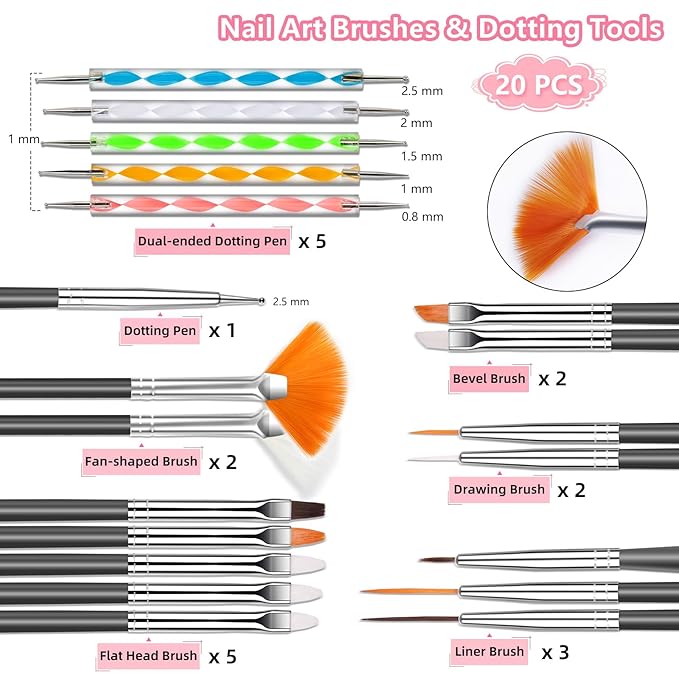 20 Nail Art Brushes Kit with Striping Tapes, Gold Flakes, Pearls, Rhinestones, Glitter & Star Stickers for Gel Nails DIY Manicure Set (Black)