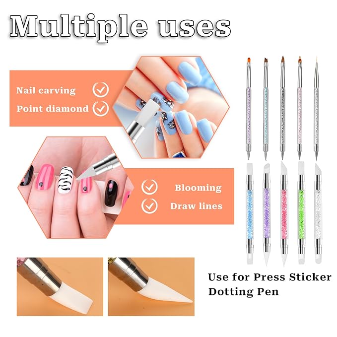 Nail Art Brush Set, 10 Pcs Dual Tipped Silicone Nail Tools Nails Art Sculpture Pen Crystal Handle Liner Brush, Silicone Brushes for Resin Nails Arts Tools for NailSalon Design Foil Carving Drawing