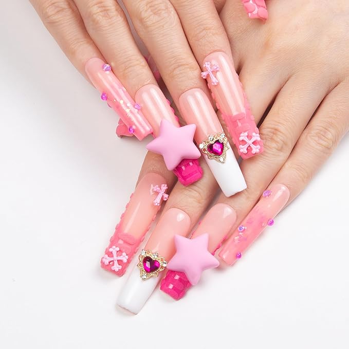 LOVFUL Press on Nails Lovely Sparks | Handmade with Full Covered Crystals | Reusable Full Cover Nails | Square Mid length 1.7 in | H195-M
