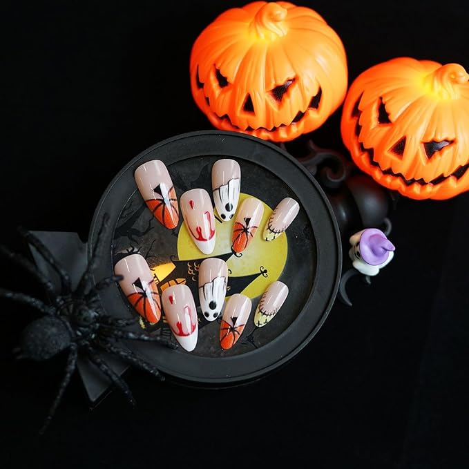 24 Pcs Halloween Press on Nails, French Almond Fake Nails, Glossy Acrylic False Nail with Ghost Pumpkin Blood Stain Designs, Stick on Nails for Women and Girls