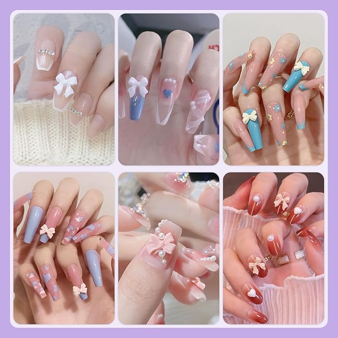1 Box 3D Bow Nail Charms and Flatback Pearls Set 11, 120 Pcs Pink White Black Cute Bow Charms for Nail Design + 2-4mm White Nail Pearls with Pickup Tweezer and Pencil for Nail Art Decoration