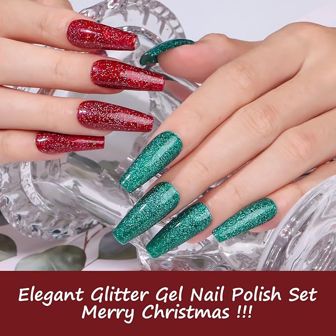 Makartt Christmas Glitter Gel Nail Polish Set - 2 Pcs 15ml Shimmer Gel, UV Soak Off for Nail Art Design, DIY Home Salon Winter Manicure Gift, Tinsel Green & Glistening Cheer