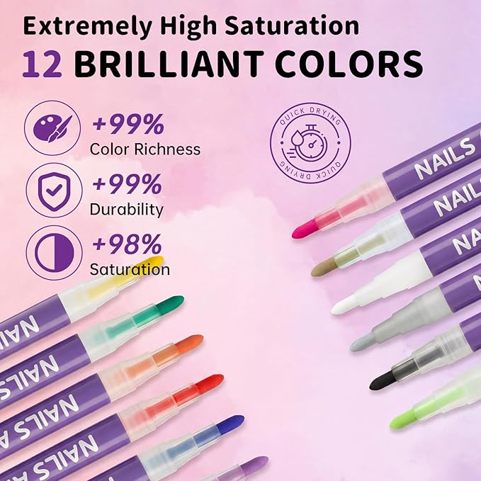 12 Colors Nail Art Pens for Painting Nails, 0.7mm Fine Tip Nail Art Makers, No Shaking Required, Quick Dry, Easy Control Nail Markers Kit for Beginners