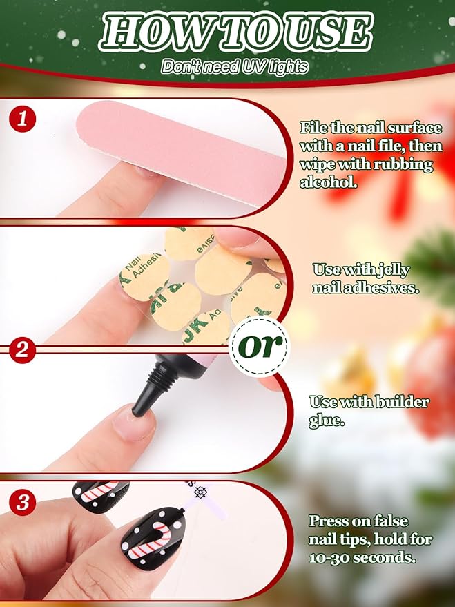 24Pcs Christmas Press on Nails, Fake Nails Full Cover Cute False Nails with Classic Christmas Designs Red Glossy Stick on Nails for Girls Kids with Nail Glue
