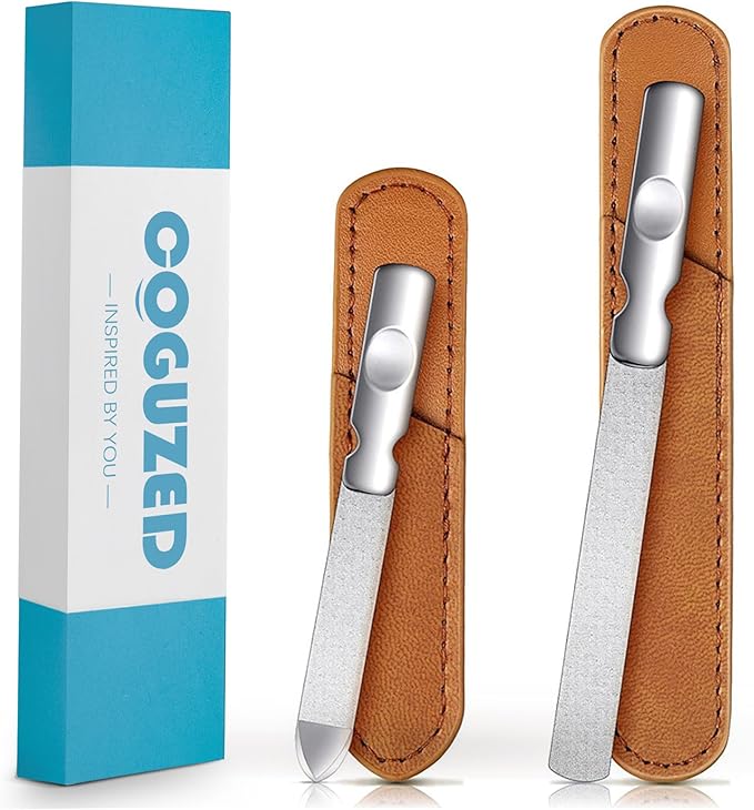 CoguZed 2 PCS Stainless Steel Nail File, Double Sided Metal Nail Files for Natural Nails, Heavy Duty Reusable Fingernail & Toenail File for Men & Women, Salon & Travel Use